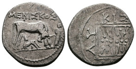 Illyria. Dyrrhachion. Circa 80/70-60/55 BC. Drachm (16,5mm. 3,2g.), struck under the magistrates Meniskos and Lykiskos. ΜΕΝΙΣΚΟΣ Cow standing right, h...
