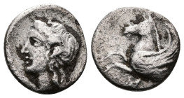 Akarnania, Anaktorion. Circa 330-300 BC. AR Triobol or Hemidrachm (11mm, 1.08 g.). Forepart of Pegasos right; AN monogram below. Rev. Laureate head of...
