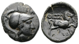 Thessaly, Thessalian League. AE Dichalkon (17,3mm. 4,8g.). c. 100-50. Hippaitas, magistrate. Helmeted head of Athena right. IΠΠAI-TAΣ. Rev. Horse trot...
