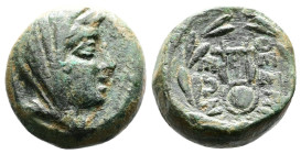 Boiotia, Thespiai. Ca. 210 BC. AE (14mm. 4,9g.). Laureate female head right, veiled and wearing modius. Rev. ΘEΣΠI-EΩN, lyre and inscription within la...