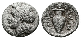 Thessaly, Lamia. AR Obol circa 360-350 AD. (10,7mm. 0,75g.). Head of Dionysus l., wearing ivy wreath. Rev. ΛΑΜΙΕ – ΩΝ Amphora; above, ivy leaf; in r. ...