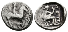 Thessaly, Larissa. Circa 479-465 BC. AR Trihemiobol (12,7mm. 1,49g.). Horseman, Aleuas, with petasos hanging behind his head and holding a transverse ...