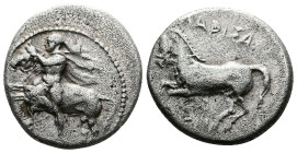 Thessaly, Larissa. Circa 420-400 BC. AR Drachm (20mm, 5,99 g.). Youthful hero Thessalos, his petasos and chlamys hanging around neck, restraining bull...