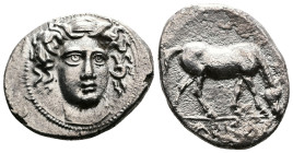 Thessaly, Larissa. Circa 400-380 BC. AR Drachm (22mm, 6.17 g.). Facing head of nymph Larissa, turned slightly to the right, wearing hair band and neck...