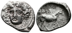 Thessaly, Larissa. Circa 380-365 BC. AR Drachm (20,5mm, 6.0 g.). Head of the nymph Larissa facing slightly left. Rev. Mare and foal standing right. BC...