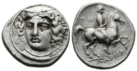 Thessaly, Larissa. Circa 380-365 BC. AR Drachm (20mm, 6,00 g.). Head of nymph Larissa facing, head turned slightly to left, wearing circlet with grain...