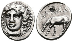 Thessaly. Larissa. Circa 405/0-370 BC. AR Drachm (18mm, 6.23 g, 11h). Head of the nymph Larissa facing slightly left. Rev. ΛA[P]IΣA[I ]above, horse le...