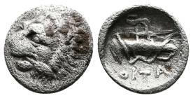 Thessaly, Oitaioi. Circa 360s-340s BC. AR Obol (11.5 mm, 0.78 g.), Herakleia Trachinia. Lion's head to left, with spear in its jaws. Rev. ΟΙΤΑ Bow and...