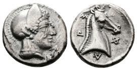 Thessaly, Pharsalos. Late 5th-mid 4th century BC. AR Hemidrachm (14mm, 2.89 g.). Helmeted head of Athena right; Θ to left. Rev. Φ-A- P-Σ (partially re...