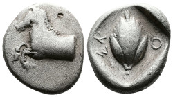 Thessaly, Skotussa. Circa 465-460 BC. AR Drachm (19 mm, 5.71 g.). Forepart of a horse to left. Rev. ΣΚ - Ο Barley grain; shown vertically in a lozenge...