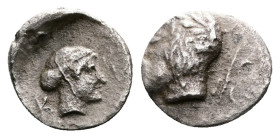 Thessaly. Kierion. Circa 400-360 BC. AR Hemiobol (8 mm, 0.37 g.). Laureate head of Zeus to left, behind head, stylized thunderbolt. Rev. Κ-Ι Head of t...