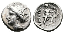 Lokris, Lokris Opuntii. Circa 356-338 BC. Triobol (Silver, 15 mm, 2.61 g, 6 h). Head of Persephone to left, wearing wreath of grain leaves and triple-...