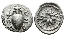 Lokris. Lokris Opuntii. Circa 375-350 BC. AR Obol (11,5 mm, 0.78 g). ΟΠ-ΟΝ Amphora with grape bunch and ivy leaf. Rev. Star of sixteen rays with seven...