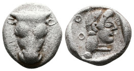 Phokian League. Phokis. Federal coinage. 500 - 490 BC. AR Triobol (12,4mm. 2,91g.). A frontal bull’s head, two wrinkles above each nostril. Rev. Head ...