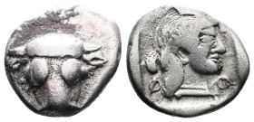 Phokian League. Phokis. Federal coinage. 449 - 447 BC. AR Triobol (13,5mm. 2,99g.). Frontal bull’s head, the hair in vertical lines. Rev. Archaic head...