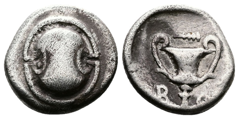 Boeotia, Thebes. Circa 425-375 BC. AR Hemidrachm (13,8mm. 2,6g.). Boeotian shiel...