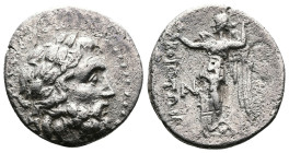 Boeotia. Thebes. Federal Coinage. AR Drachm (17mm, 4.59 g.). Ca. 225-171 BC. Laureate head of Poseidon right. Rev. ΒΟΙΩΤΩΝ, Nike standing left, holdin...