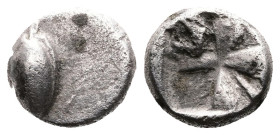 Boiotia, Orchomenos. Circa 500-480 BC. AR Obol (9 mm. 1,0 g.). Wheat grain, sprouting end upward / Aeginetan-style skew pattern incuse; E-R across low...