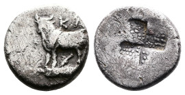 Bithynia, Kalchedon ca. 387-340 BC. AR Triobol or 1/2 Siglos (13 mm, 2.39g.) Bull standing left KA above. Rev. Mill sail incuse. BMC 125, 10. Off cent...