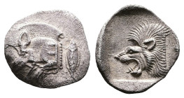 Mysia. Kyzikos. ca. 450-400 BC. AR Obol (12mm, 0.8g). Forepart of boar left; tunny upward behind. Rev. Head of roaring lion left within incuse square....