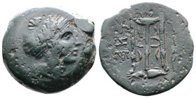Mysia. Kyzikos. 2nd-1st. Century BC. Æ (27,5mm. 15,7g.) Wreathed head of Kore Soteira right. Rev. KY[ΞIKHNΩN] Tripod on a tunny fish, palm branch abov...