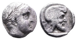 Mysia, Pergamon. Circa 450 BC. AR Diobol (11mm, 1.59 g.). Laureate head of Apollo right. Rev. Bearded head right, wearing Persian tiara, within incuse...
