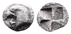 Aeolis, Kyme. Circa 450-400 BC. AR Hemiobol (8mm, 0.37 g.). Head of eagle left K-Y flanking neck truncation. Rev. Quadripartite incuse square. SNG Ari...