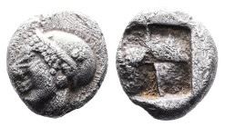 Ionia. Phokaia. late 6th. Century BC. AR Trihemiobol or 1/12 Stater (9,5mm, 1.28g.) Female head left, wearing helmet or close fitting cap Rev. Quadrip...