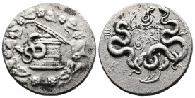 Mysia. Pergamon. ca. 166-67 BC. AR Cistophoric Tetradrachm (27 mm, 12.3 g.). c. 85-76. Cista mystica with half-open lid from which a serpent issues to...