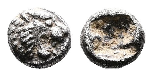 Caria, Mylasa. Circa 520-490 BC AR Hemitetartemorion (5mm. 0,21g .). Head of roa...