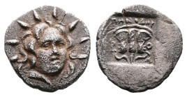 Islands off Caria, Rhodos. Rhodes. Circa 170-150 BC. AR Hemidrachm (11,6mm. 1,08g.). 'Plinthophoric' coinage. Radiate head of Helios facing slightly r...
