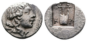 Lycian League, Kragos mint. Circa 48-42 BC. AR Hemidrachm (15,5mm, 1,87 g.). Laureate head of Apollo right Λ-Υ. Rev. K-P Lyre with five strings within...