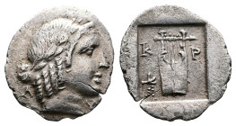 Lycian League, Kragos. Circa 44-18 BC. AR Hemidrachm (14,5mm, 1,6 g.). Laureate head of Apollo to right Λ-Y. Rev. Lyre with five strings K-P across up...