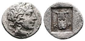 Lycian League, Kragos mint. Circa 48-42 BC. AR Hemidrachm (15,5mm, 1,87 g.). Laureate head of Apollo right Λ-Υ. Rev. K-P Lyre with five strings within...