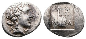 Lycian League, Masikytes. Early 30s BC. AR Hemidrachm (15,2mm, 1,7 g.). Laureate head of Apollo to right; [Λ-Υ]. Rev. Lyre with four strings M-A acros...