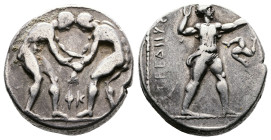 Pamphylia. Aspendos. Ca. 420-370 BC. AR stater (21 mm, 10.8 g.) Two wrestlers grappling; AΦ between, Rev. EΣT[FEΔIIYΣ], slinger striding to right, pul...