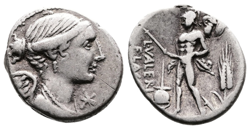 L. Valerius Flaccus, 108-107 BC. AR Denarius (19 mm. 3,8 g). Rome. Winged and dr...