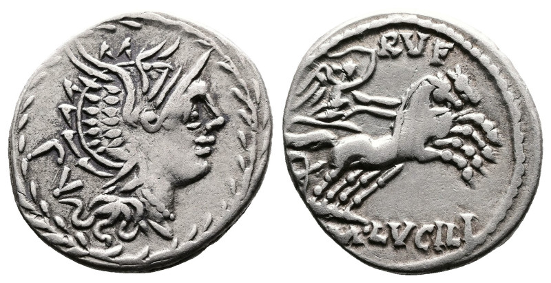 M. Lucilius Rufus, 101 BC. AR Denarius (20 mm. 4 g). Rome. PV behind helmeted he...