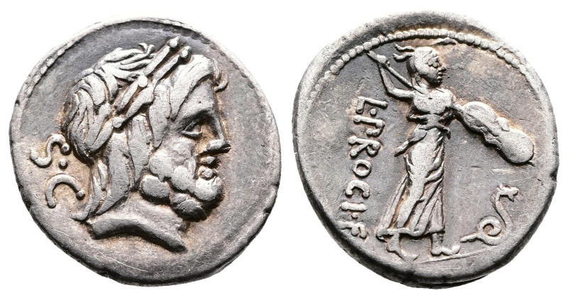 L Procilius Denarius, 80 BC. AR Denarius (17,3 mm. 3,8 g.). Rome. S C behind lau...