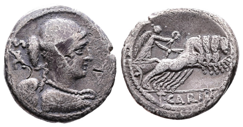 T. Carisius, 46 BC. AR Denarius (17,9mm. 3,7 g.). Rome. SC behind winged bust of...