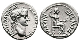Tiberius, AD 14-37. AR Denarius. (17,8 mm. 3,8 g.). Lyons mint. TI CAESAR DIVI AVG AVGVSTVS, laureate head right. Rev. PONTIF MAXIM, Livia, as Pax, ho...