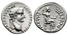 Tiberius, AD 14-37. AR Denarius. (17,8 mm. 3,8 g.). Lyons mint. TI CAESAR DIVI AVG AVGVSTVS, laureate head right. Rev. PONTIF MAXIM, Livia, as Pax, ho...
