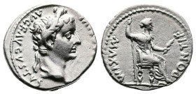 Tiberius, AD 14-37. AR Denarius. (18,3mm. 3,6 g.). Lyons mint. TI CAESAR DIVI AVG AVGVSTVS, laureate head right. Rev. PONTIF MAXIM, Livia, as Pax, hol...