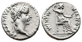 Tiberius, AD 14-37. AR Denarius. (17,4mm. 3,7 g.). Lyons mint. TI CAESAR DIVI AVG AVGVSTVS, laureate head right. Rev. PONTIF MAXIM, Livia, as Pax, hol...