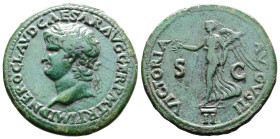 Nero, AD 54-68. AE Dupondius. (30,7 mm. 13,2 g.). AD 65, Lyons mint. NERO CLAVD CAESAR AVG GER PM TR P IMP P P, laureate head left, globe at point of ...