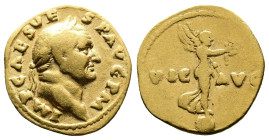 Vespasian, AD 69-79. AV Aureus. (18,6 mm. 7 g.). AD 71, Rome. IMP CAES VESP AVG P M, laureate head right. Rev. VIC-AVG across fields, Victory standing...