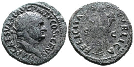 Vespasian, AD 69-79. AE Dupondius. (27,6 mm. 10,6 g.). AD 74, Rome. IMP CAES VESP AVG P M T P COS V CENS, radiate head right. Rev. FELICITAS PVBLICA S...