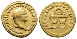 Titus, AD 79-81. AV Aureus. (18,3mm. 7,1 g.). AD 80, Rome. IMP TITVS CAES VESPASIAN AVG P M, laureate head right. Rev. TR P IX IMP XV COS VIII P P, wr...