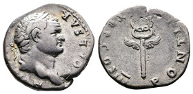 Titus as Caesar, AD 74. AR Denarius. (18,7 mm. 3,3 g.). Rome. Struck under Vespasian, T CAESAR IMP VESP, laureate head right. Rev. PONTIF TR P COS III...