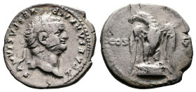 Titus as Caesar, AD 76. AR Denarius. (19 mm. 3,3 g.). Rome. Struck under Vespasian, T CAESAR IMP VESPASIANVS, laureate head right. Rev. COS-V across f...